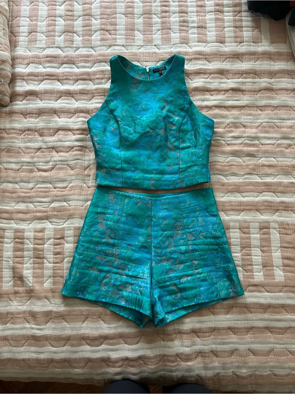 INTERMIX Teal Brocade Crop Top & High-Waist Shorts Set